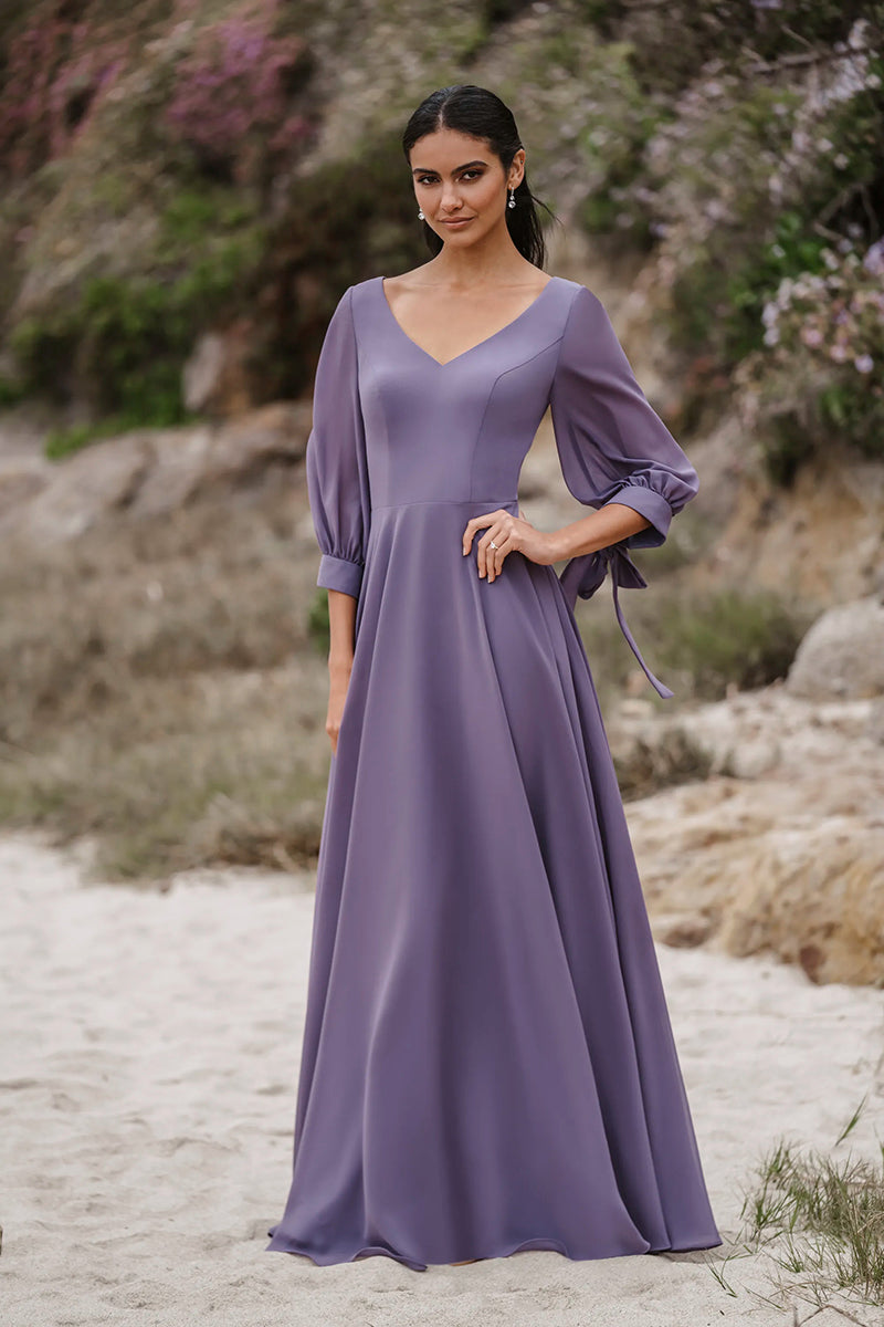 B4163 - V-Neck Long Sleeves Chiffon A-Line Long Bridesmaid Dress With Bow