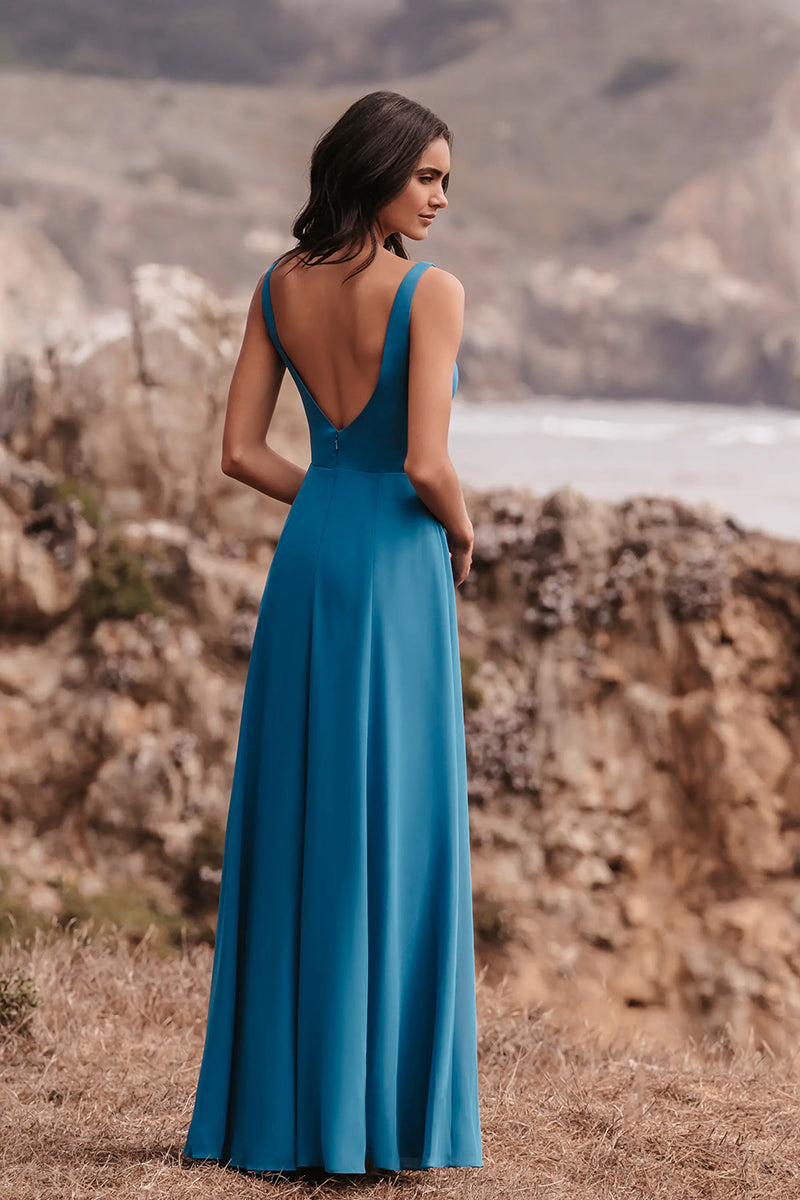 B4166 - Square Neck Sleeveless Backless Satin A-Line Long Bridesmaid Dress