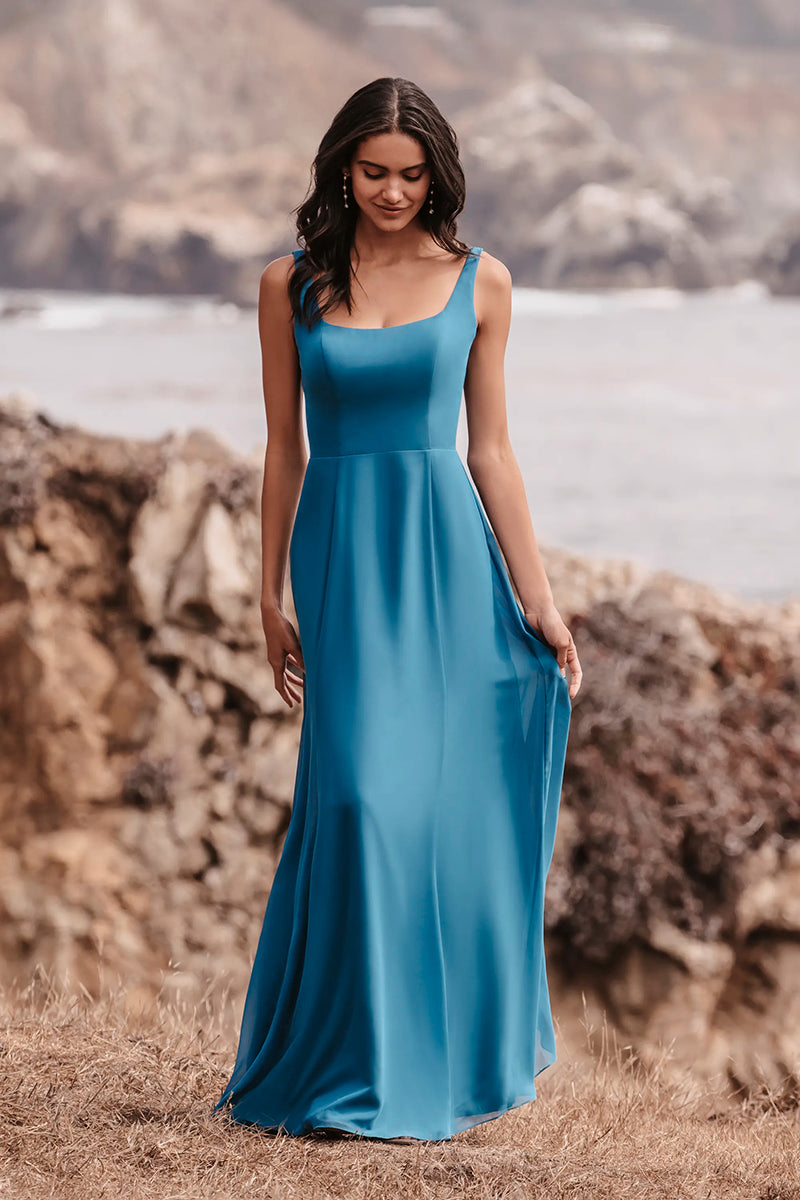 B4166 - Square Neck Sleeveless Backless Satin A-Line Long Bridesmaid Dress