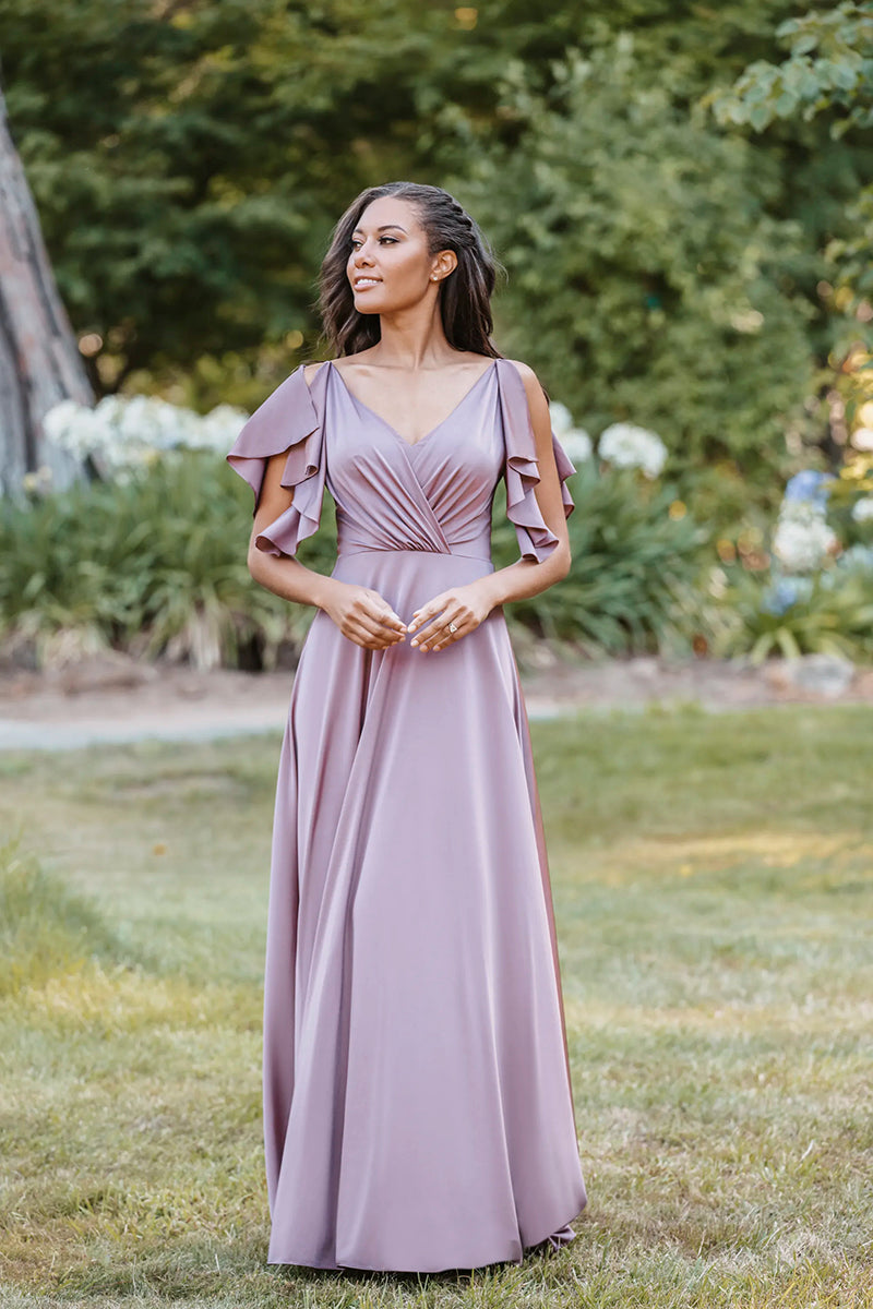 B4171 - V-Neck Ruched Cap Sleeves Satin A-Line Long Bridesmaid Dress