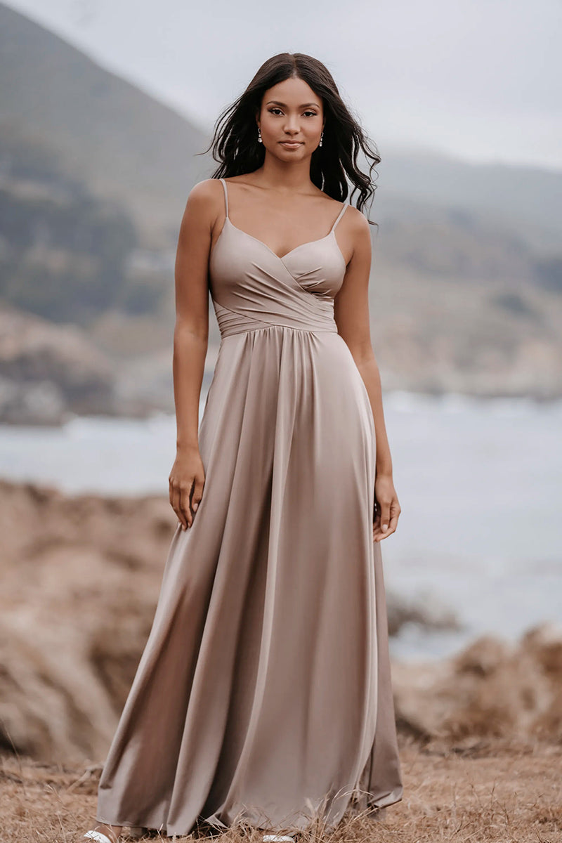 B4172 - V-Neck Spaghetti Straps Ruched Satin A-Line Long Bridesmaid Dress