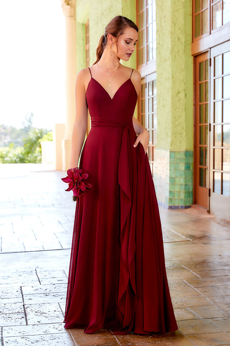 B4179 - V-Neck Spaghetti Straps Sleeveless Chiffon A-Line Long Bridesmaid Dress