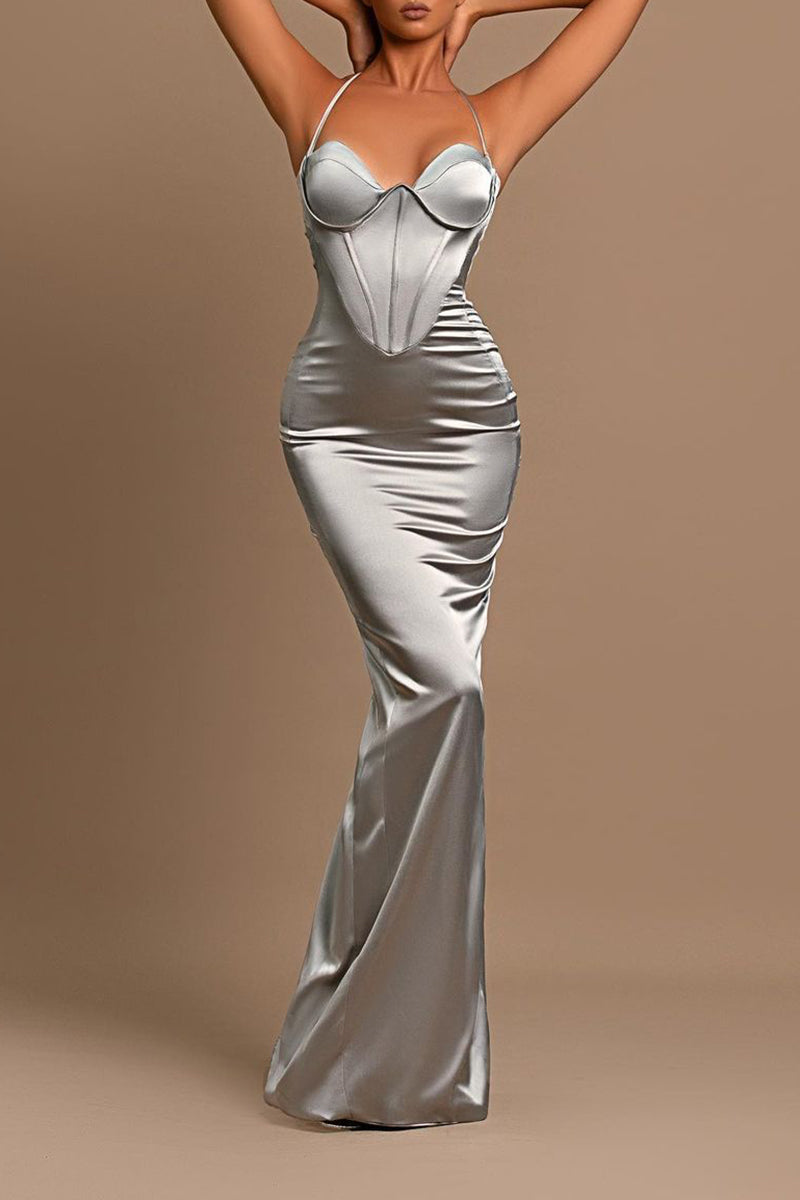 B4183 - Sweetheart Halter Strapless Ruched Satin Sheath Long Bridesmaid Dress