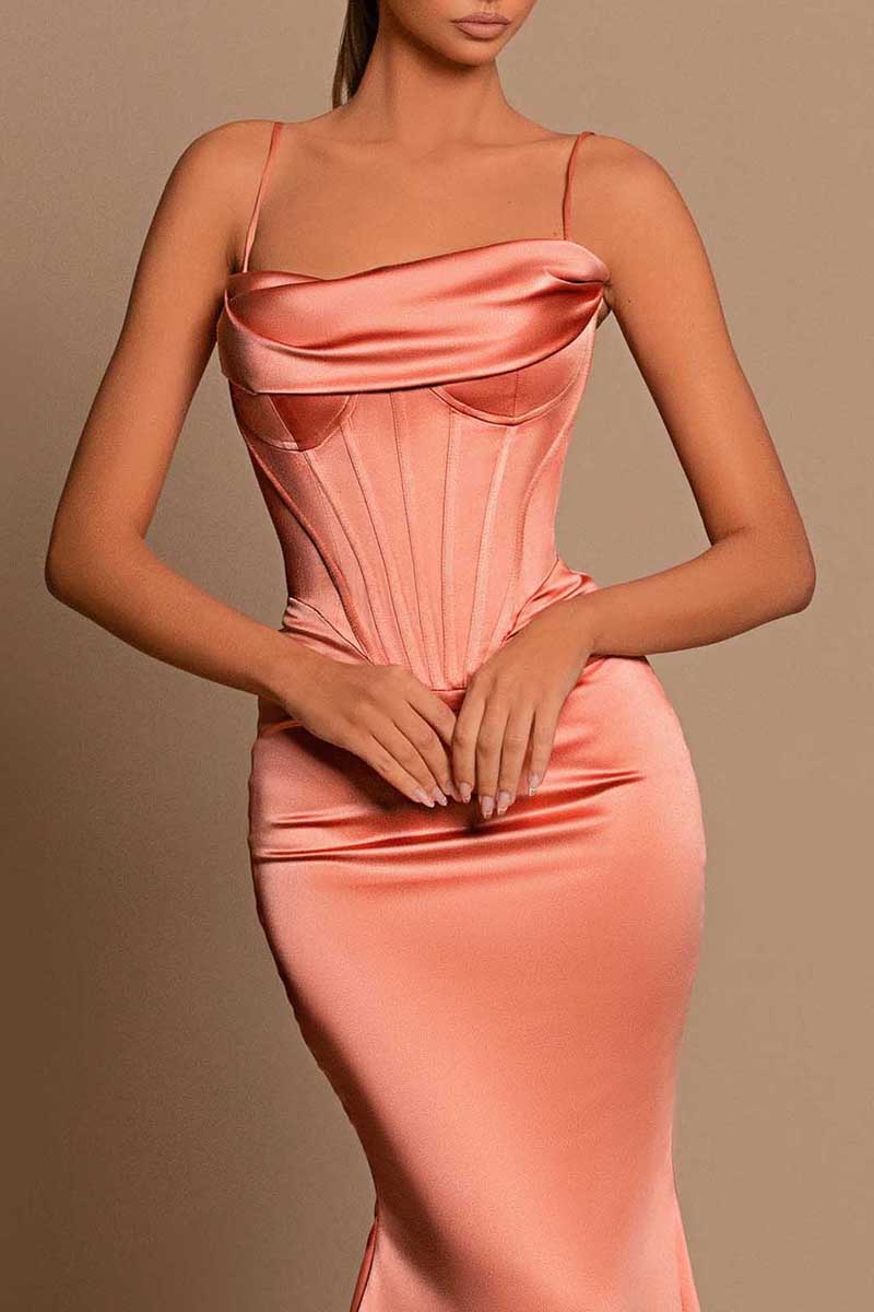 B4189 - Spaghetti Straps Sleeveless Ruched Satin Sheath Long Bridesmaid Dress