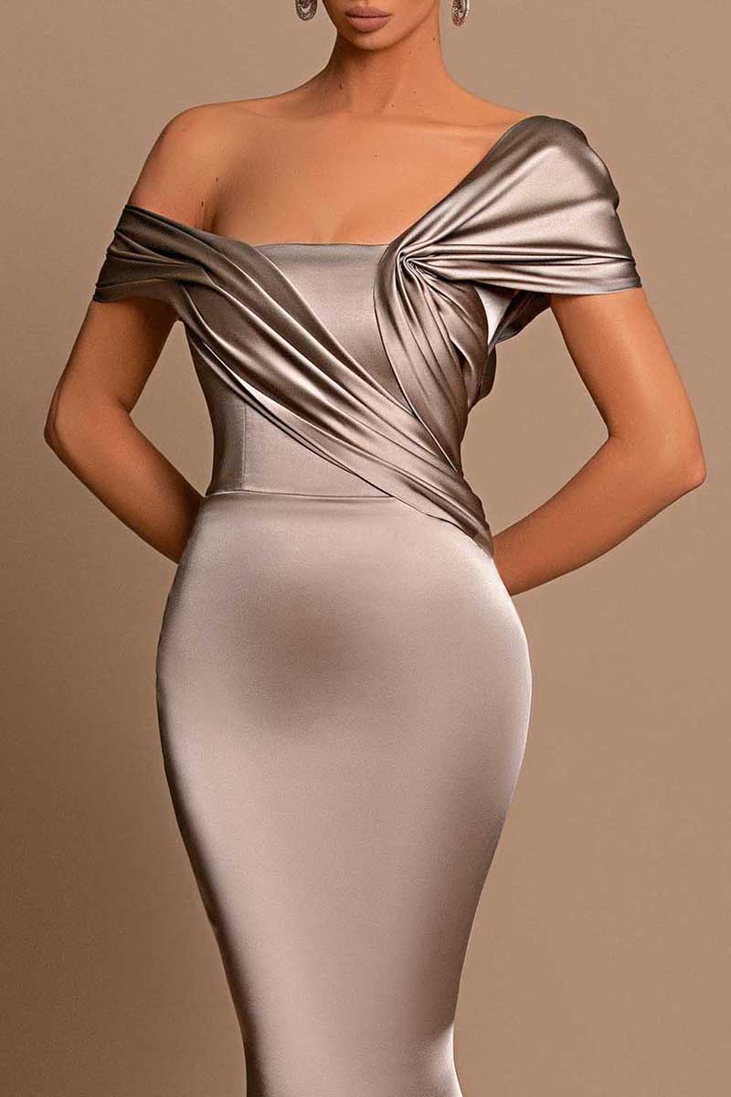 B4190 - Off-Shoulder Sleeveless Ruched Satin Sheath Long Bridesmaid Dress