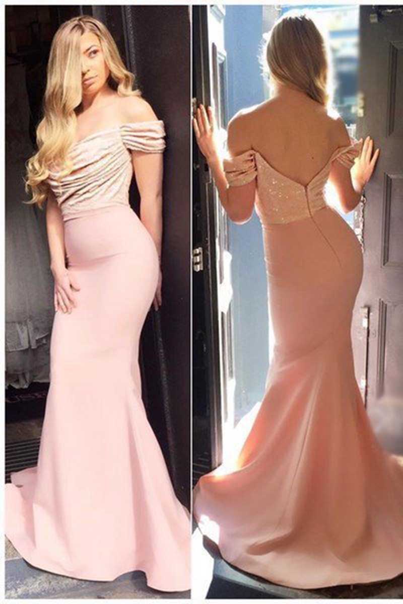 B4202 - Off-Shoulder Sleeveless Sequined Satin Mermaid Long Bridesmaid Dress