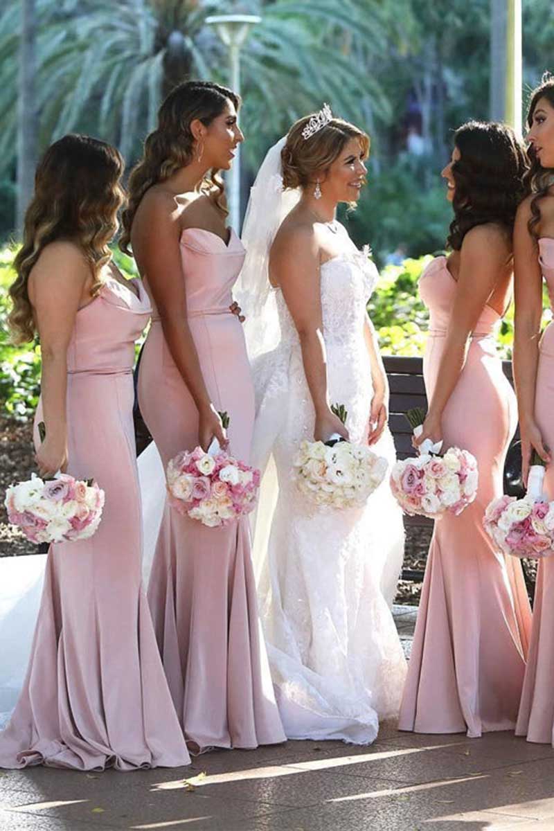 B4215 - Sweetheart Strapless Sleeveless Satin Mermaid Long Bridesmaid Dress