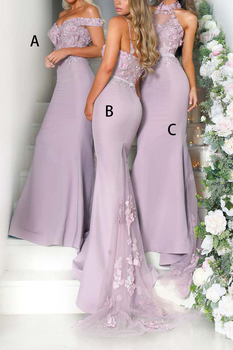 B4221 - Sexy Lace Appliqued Sleeveless Satin Mermaid Long Bridesmaid Dress