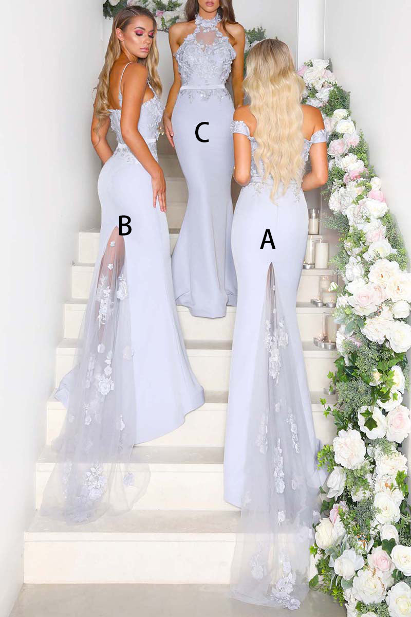 B4221 - Sexy Lace Appliqued Sleeveless Satin Mermaid Long Bridesmaid Dress