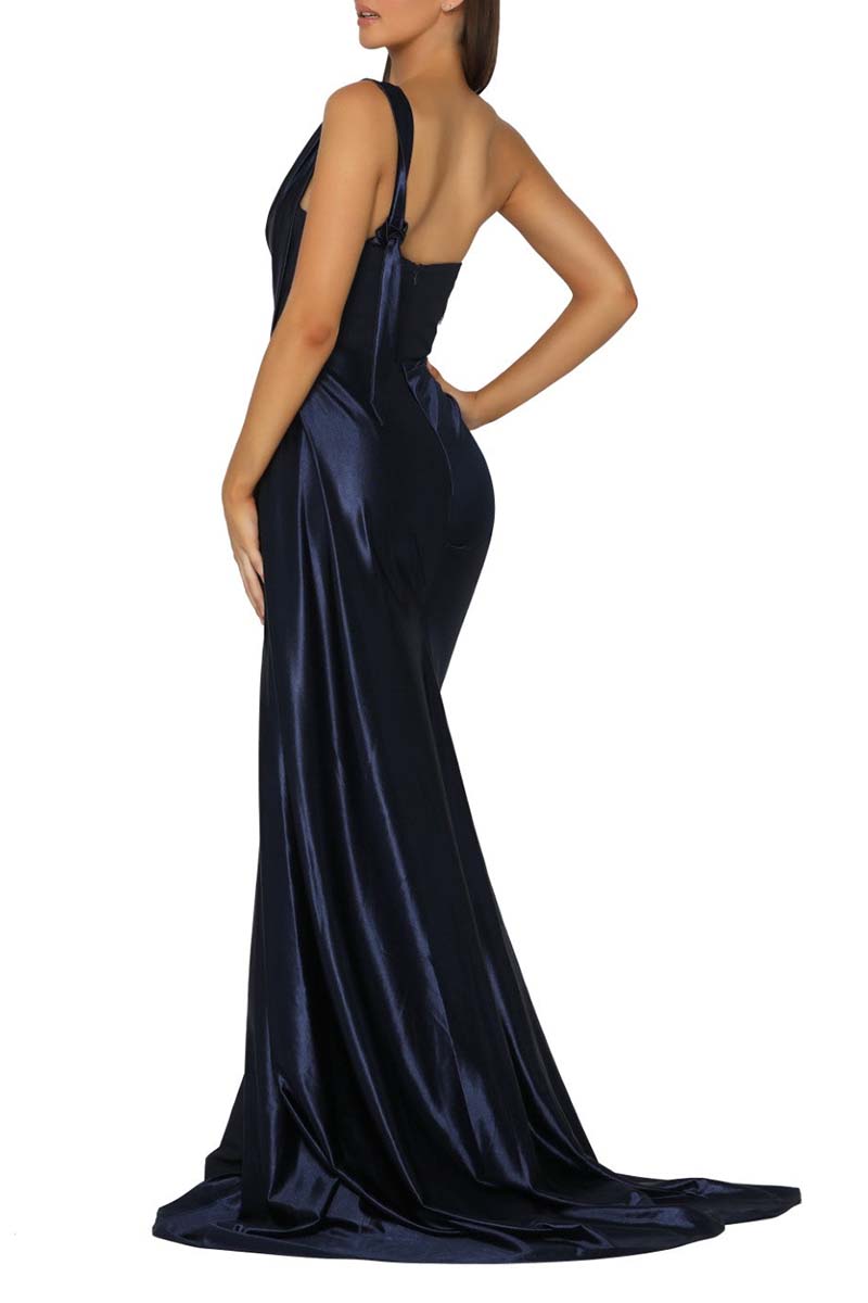 B4226 - Sweetheart One Shoulder Ruched Satin Sheath Long Bridesmaid Dress