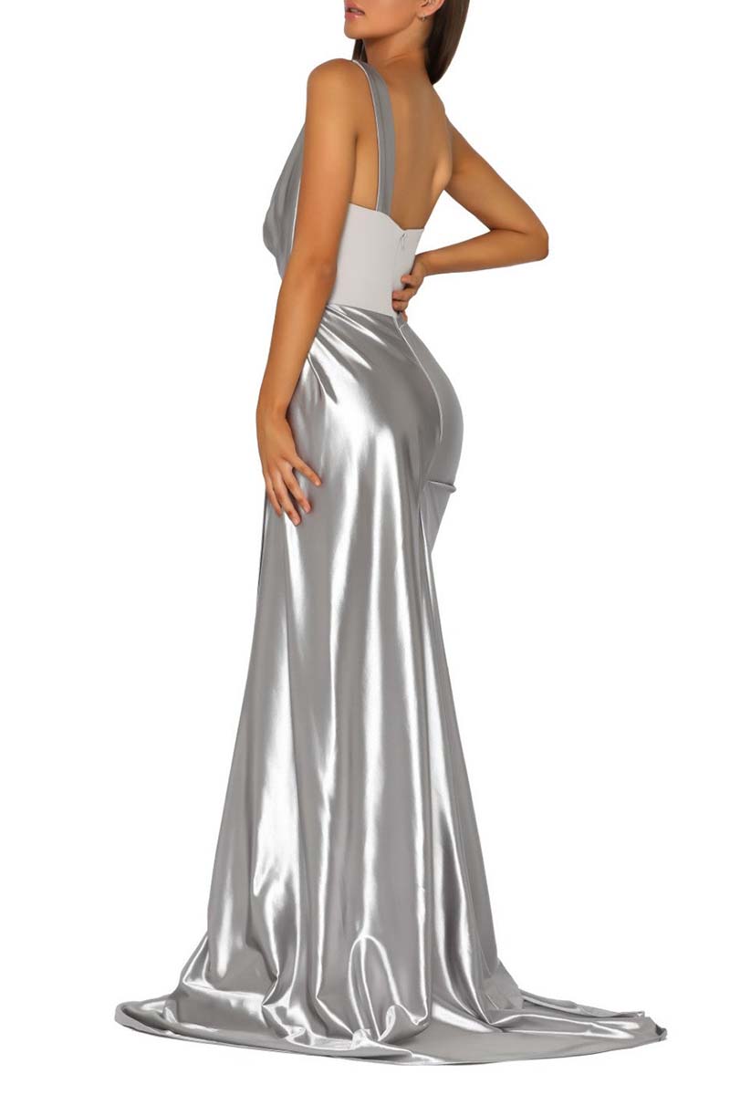 B4227 - Sweetheart One Shoulder Ruched Satin Sheath Long Bridesmaid Dress