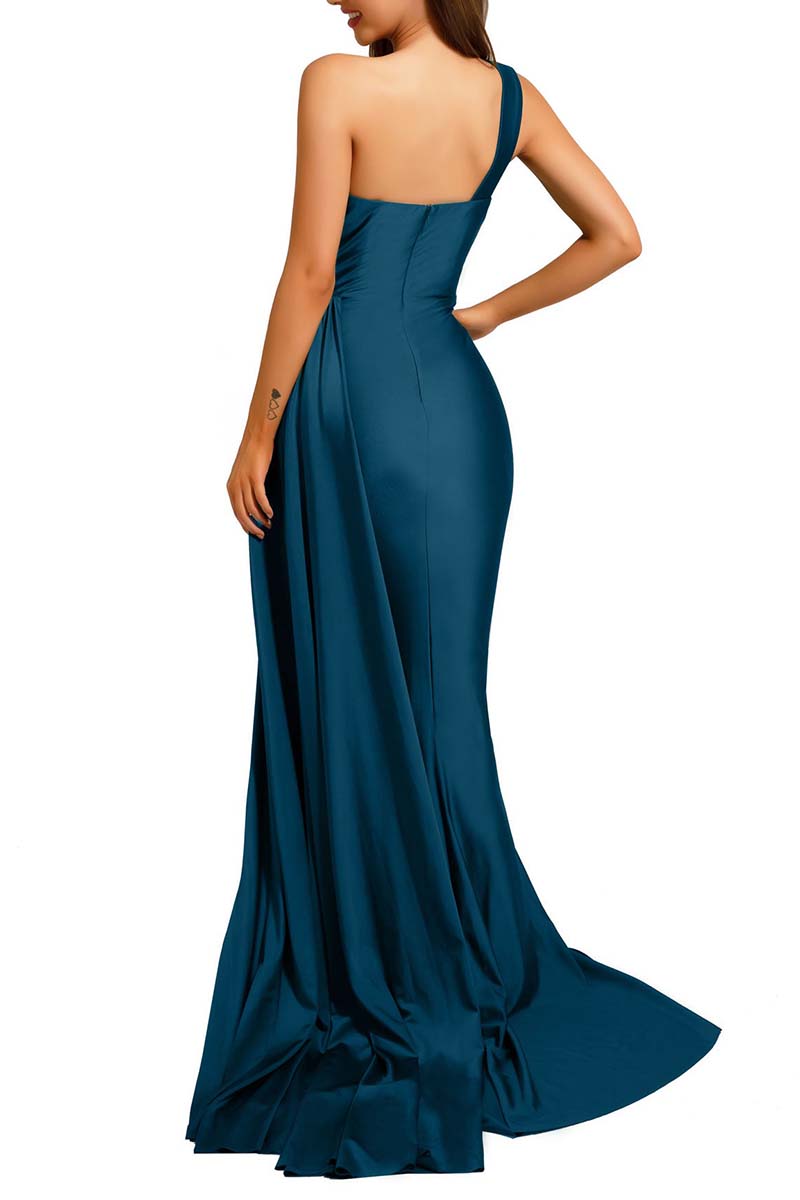 B4228 - Sweetheart One Shoulder Ruched Satin Mermaid Long Bridesmaid Dress