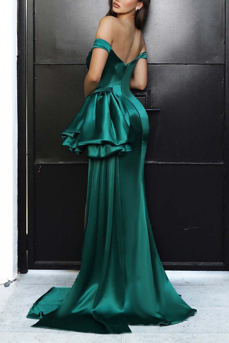 B4231 - Off-Shoulder Sleeveless Ruched Satin Sheath Long Bridesmaid Dress