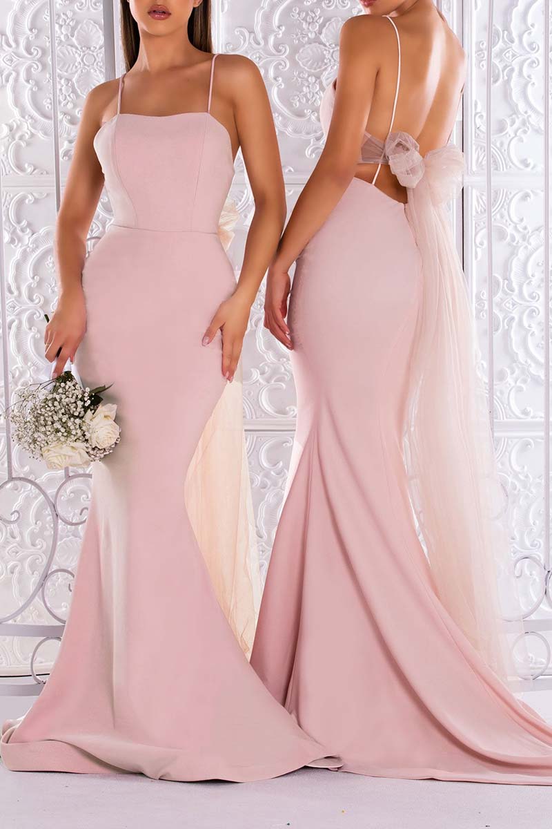 B4236 - Spaghetti Straps Sleeveless Satin Mermaid Long Bridesmaid Dress With Bow