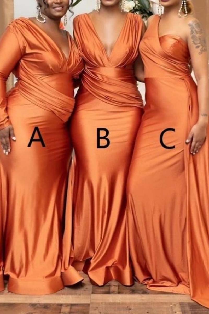 B4250 - Mismatched Orange Ruched Satin Sheath Long Bridesmaid Dress