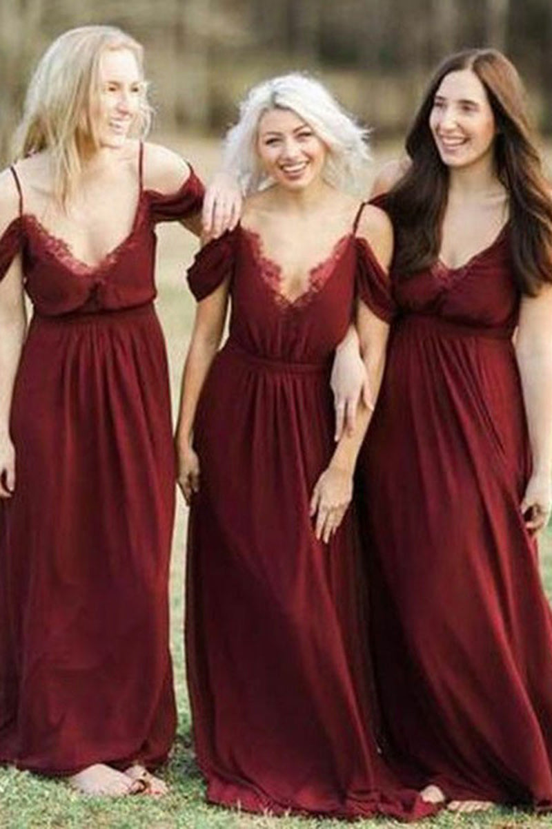 B4261 - V-Neck Off-Shoulder Ruched Lace Satin A-Line Long Bridesmaid Dress