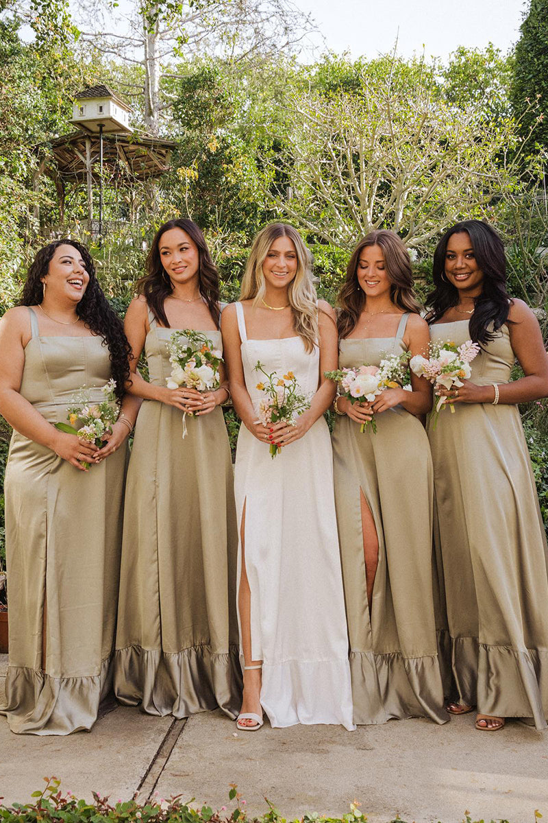 B4284 - Square Neck Sleeveless Ruffles A-Line Long Bridesmaid Dress With Slit