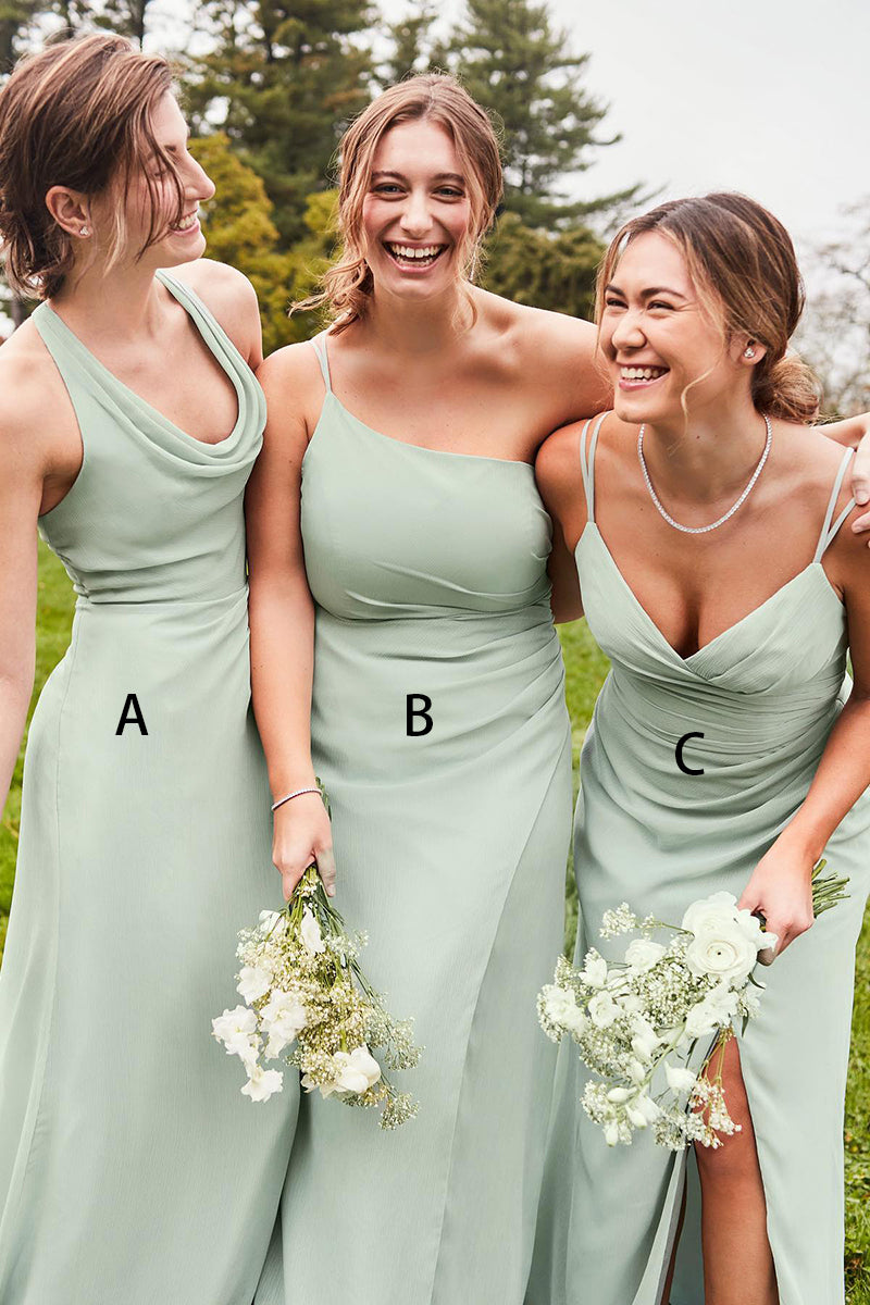 B4288 - Mismatched Simple Ruched Chiffon Sheath Long Bridesmaid Dress