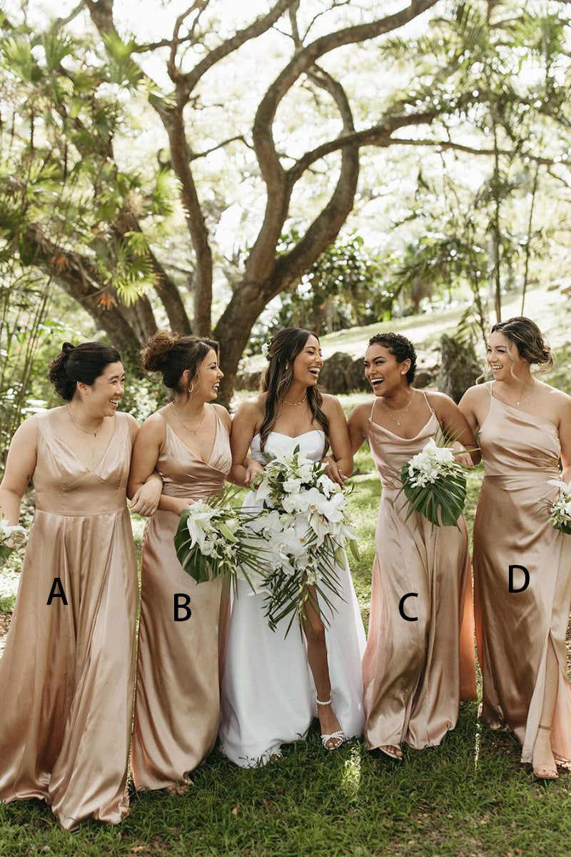 B4290 - Champagne Mismatched Ruched Satin A-Line Long Bridesmaid Dress