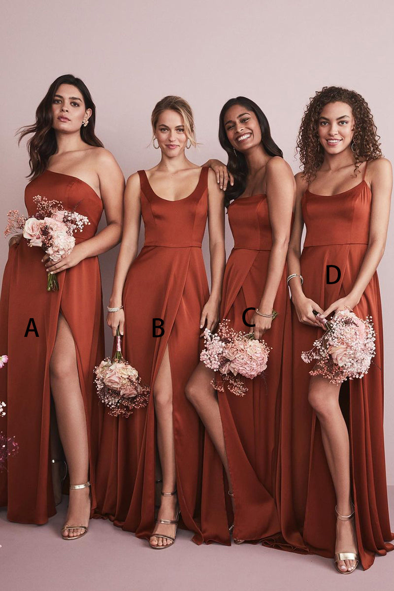 B4298 - Mismatched Simple Ruched Satin A-Line Long Bridesmaid Dress With Slit