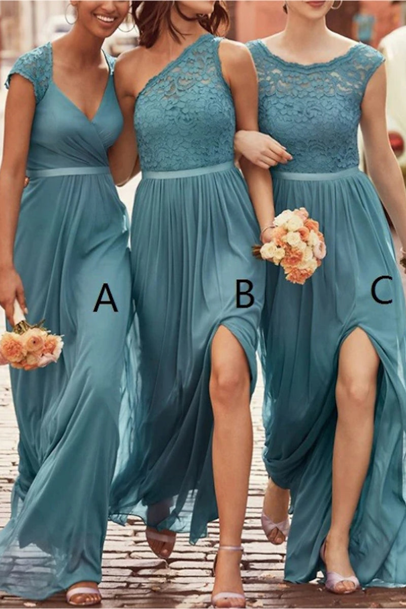 B4310 - Peacock Blue Mismatched Lace Ruched Satin A-Line Bridesmaid Dress