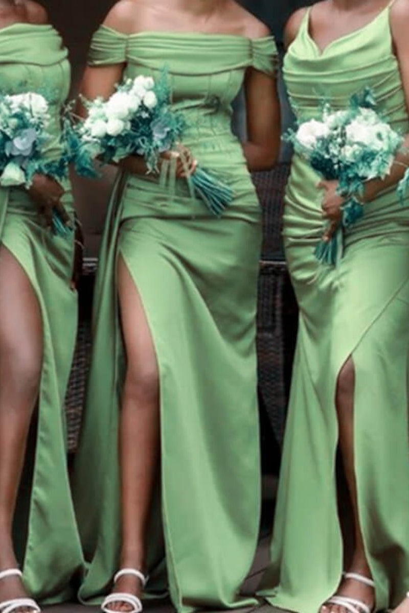 B4311 - Green Simple Mismatched Sleeveless Ruched Sheath Long Bridesmaid Dress