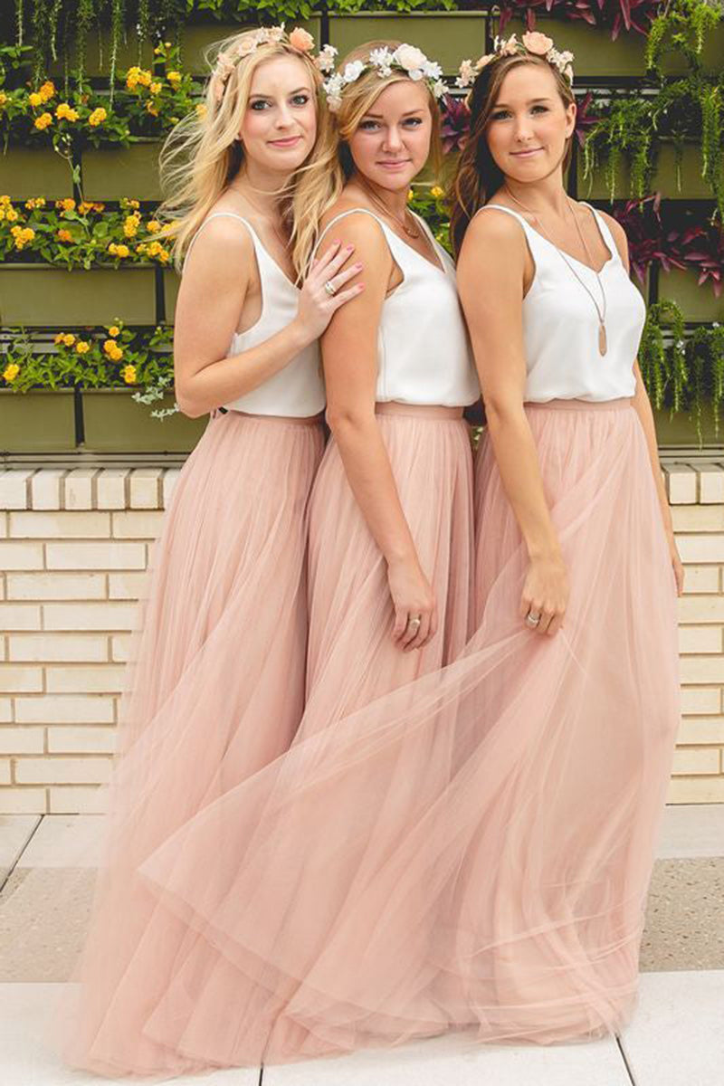 B4313 - Simple Two Piece Scoop Sleeveless Satin Tulle A-Line Bridesmaid Dress