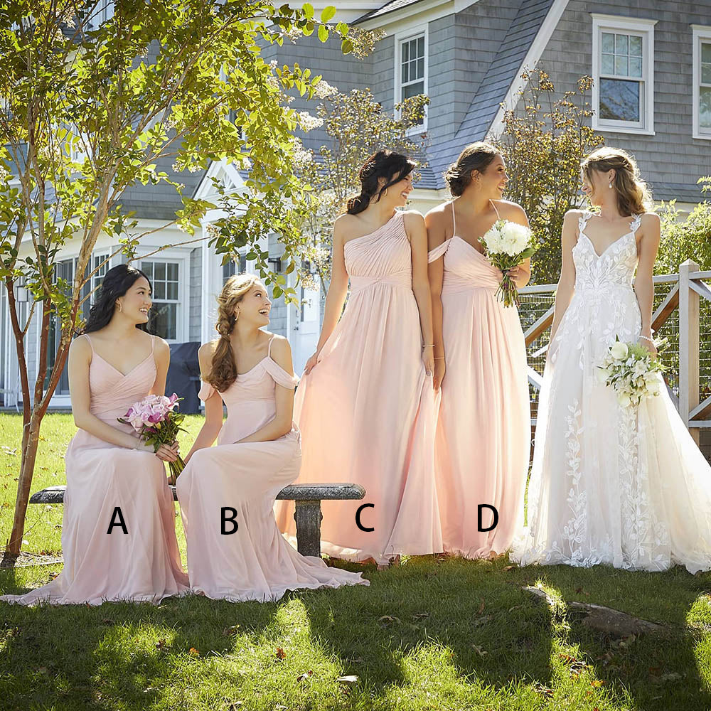 B4319 - Pink A-Line Mismatched Sleeveless Ruched Chiffon Long Bridesmaid Dress