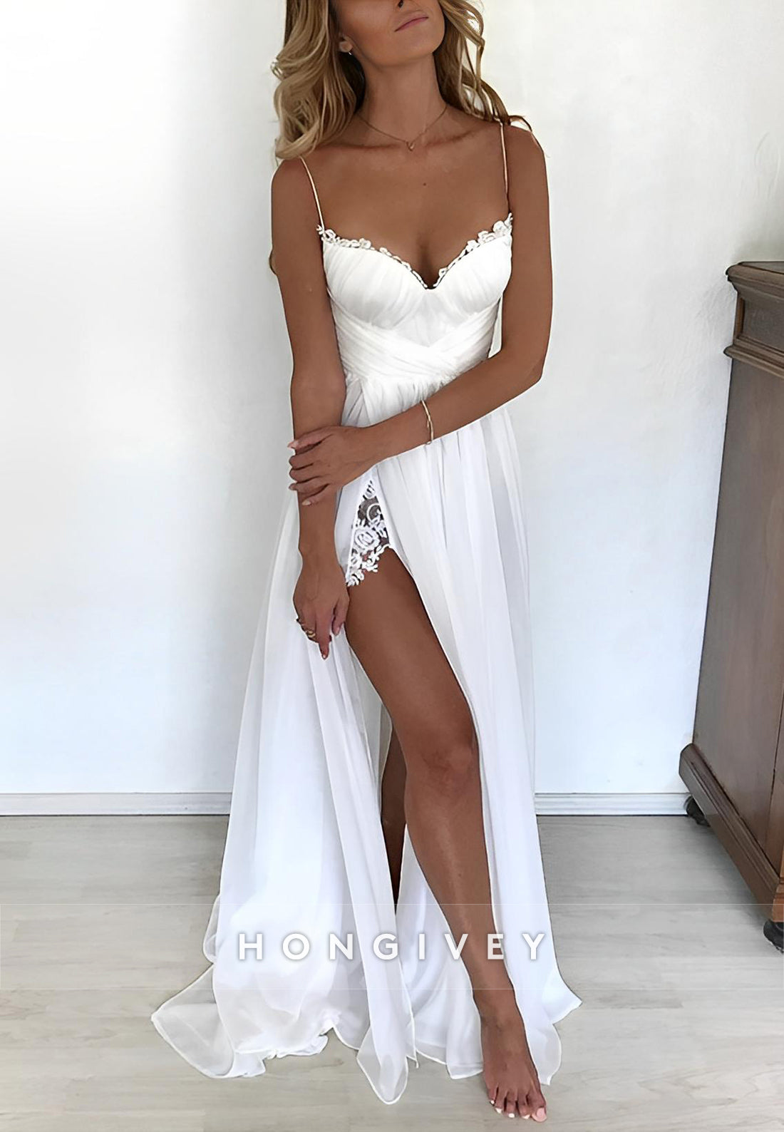 H1769 - A-Line V-Neck Spaghetti Straps With Side Slit Beach Wedding Dress