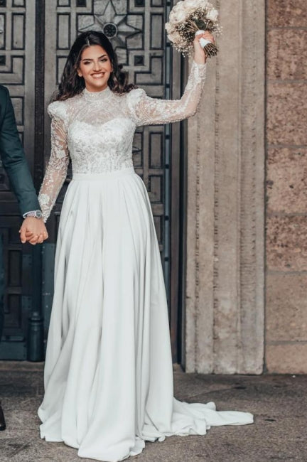 Beautiful A-line Long High Neck Lace Chiffon Wedding Dress with Long Sleeves