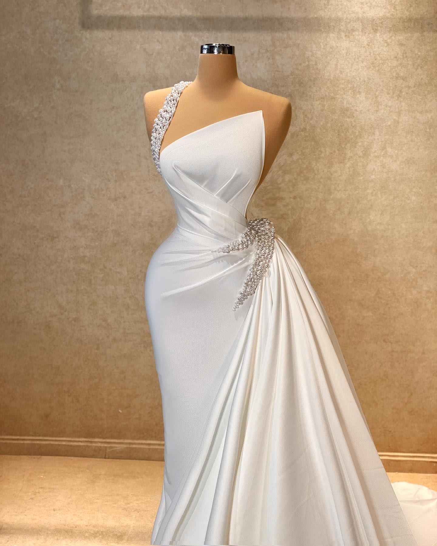 Stunning A-line One Shoulder Sleeveless Rhinestone Satin Train White Long Prom Dress