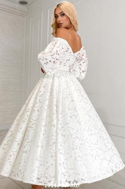 Lovely Long A-Line Off-the-Shoulder Full Sleeves Feminine Lace Wedding Gown