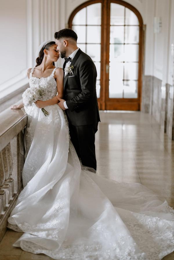 Elegant Long A-line Split Front Sleeveless Wedding Dress with Lace Accents