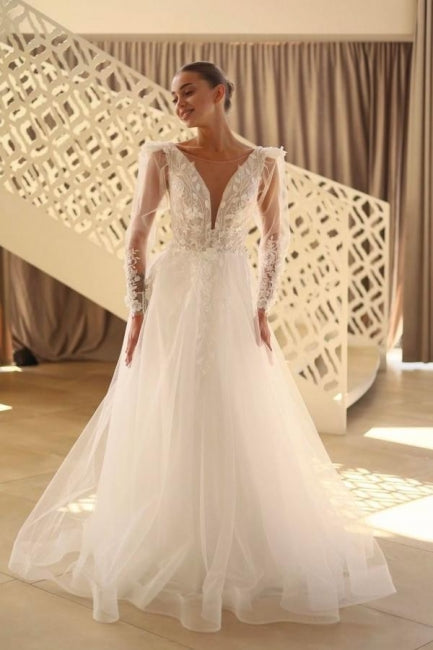 Beautiful Long A-line V-neck Lace Tulle Wedding Dress with Long Sleeves