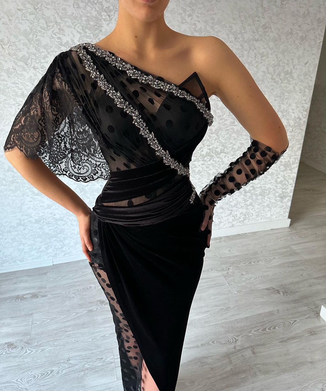 Stunning Long Black Mermaid Lace Off-the-shoulder Dress With Dramatic Slit