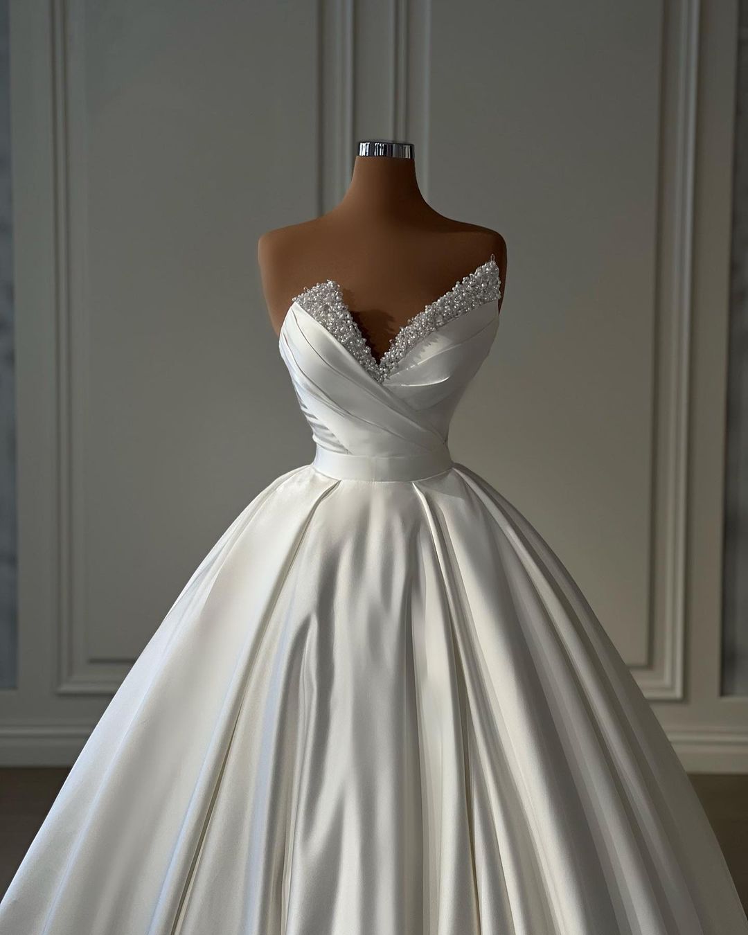 Beautiful Long Ivory A-line Satin Princess Wedding Dress with Pearl Details