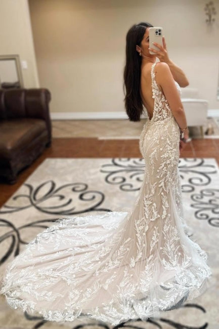 Beautiful Long Ivory Mermaid V-neck Sleeveless Lace Backless Wedding Gown with Graceful Design