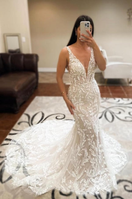 Beautiful Long Ivory Mermaid V-neck Sleeveless Lace Backless Wedding Gown with Graceful Design