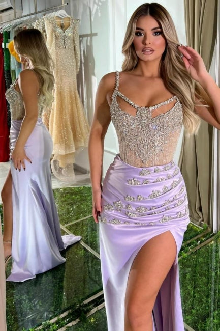 Beautiful Long Lilac Mermaid Sleeveless Jewel Prom Dress with Flowing Train