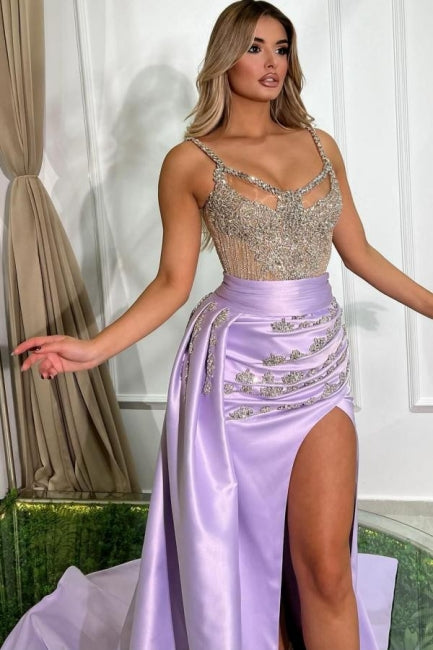 Beautiful Long Lilac Mermaid Sleeveless Jewel Prom Dress with Flowing Train