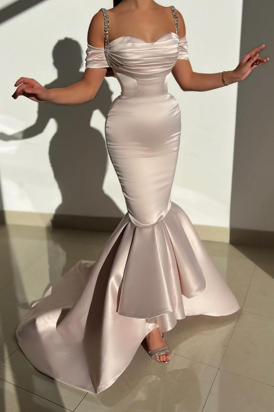 Beautiful Long Mermaid Off-the-shoulder Satin Dress with Train for Prom