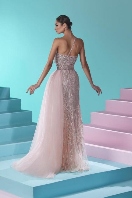 Stunning Long Mermaid One Shoulder Lace Tulle Prom Dress with Slit