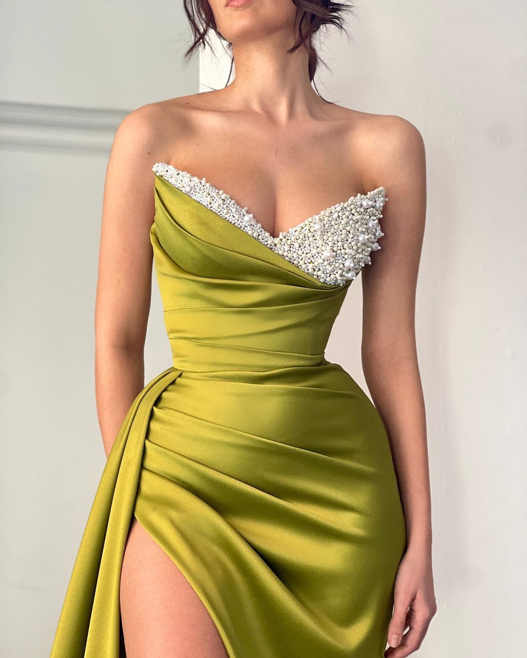 Beautiful Long Mermaid Dress With Sleeveless Designer Satin And Pearls Detailing Plus Slit