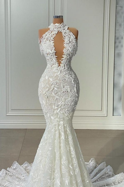 Beautiful Long Mermaid Sleeveless Wedding Gown Adorned with Delicate Lace