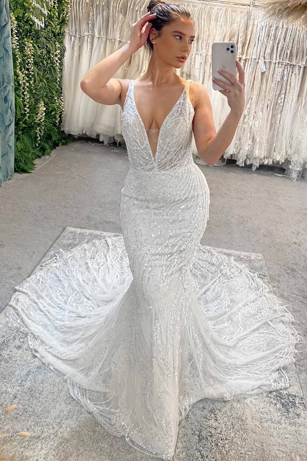 Gorgeous Long Mermaid V-neck Beaded Sleeveless Backless Wedding Gown With Lace