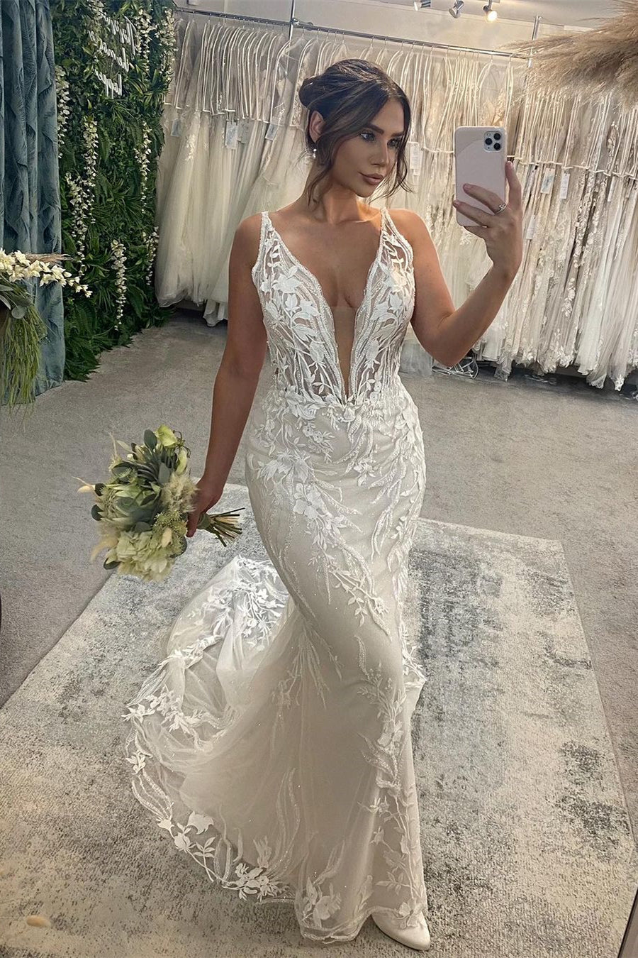 Stunning Long Mermaid V-neck Sleeveless Lace Backless Wedding Gown