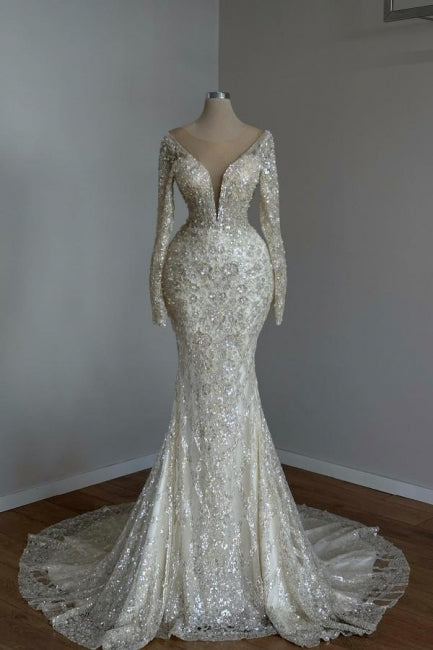 Stunning Long White Mermaid V-neck Lace Glitter Prom Dress with Long Sleeves