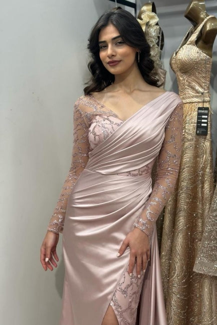 Beautiful Long Pink Mermaid Glitter Lace Split Front Prom Dress with Long Sleeves