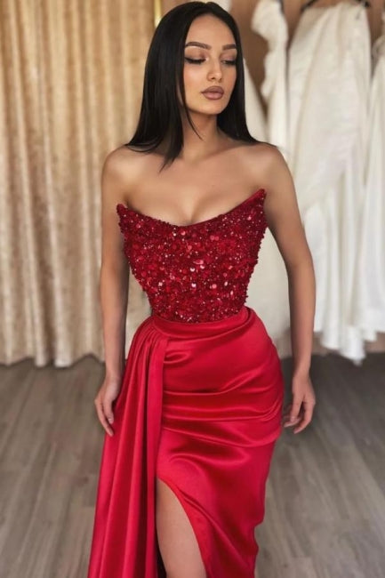 Stunning Long Crimson Sequined Mermaid Satin Strapless Prom Gown Featuring a Slit