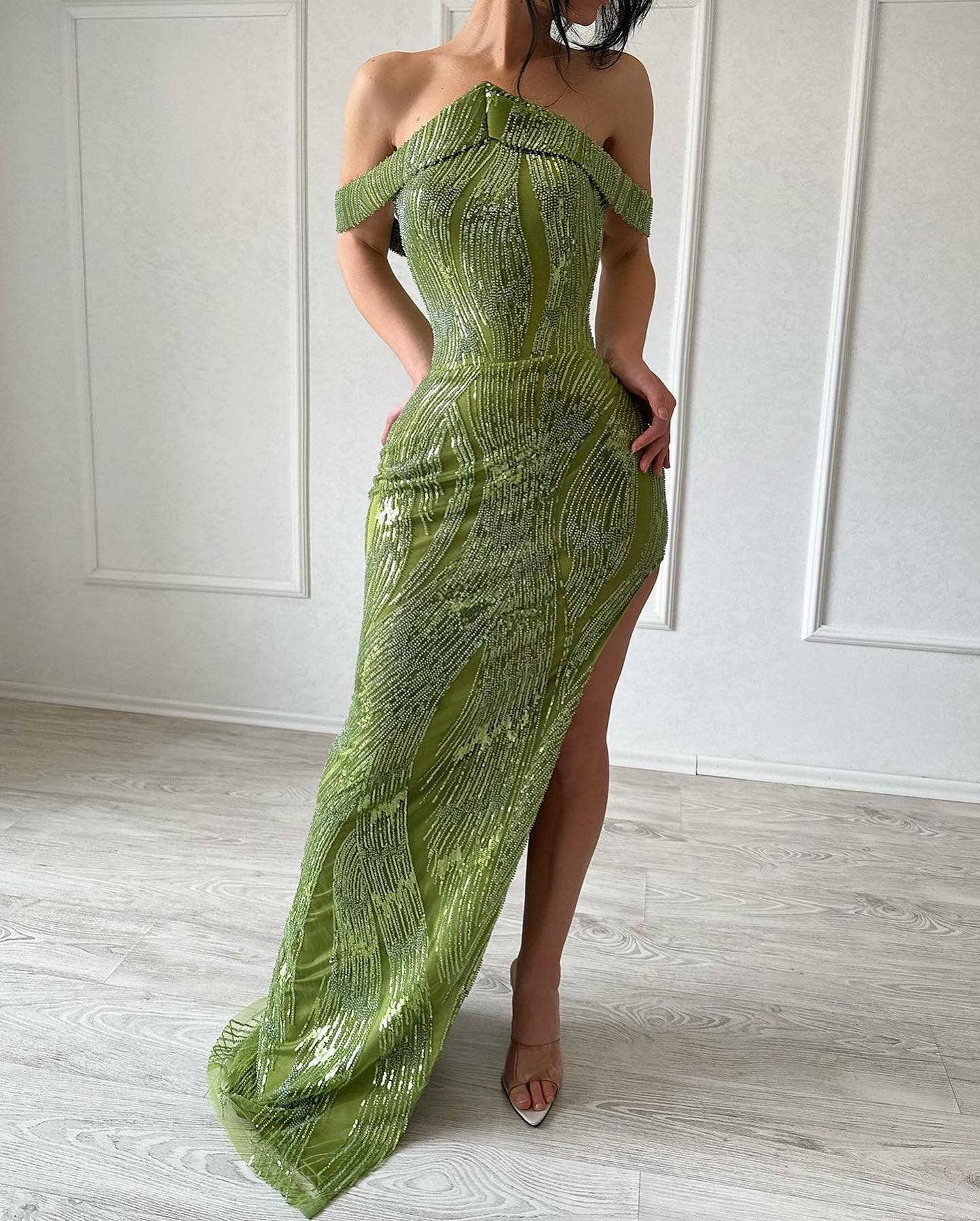 Stunning Mermaid Sleeveless Satin Sequined Split Lime Green Prom Dress